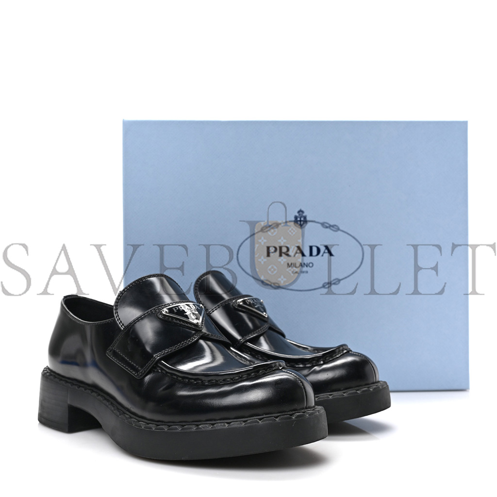 PRADA SPAZZOLATO METAL TRIANGLE LOGO 50MM LOAFERS 36.5 BLACK PRADA SPAZZOLATO METAL TRIANGLE LOGO 50MM LOAFERS 36.5 BLACK