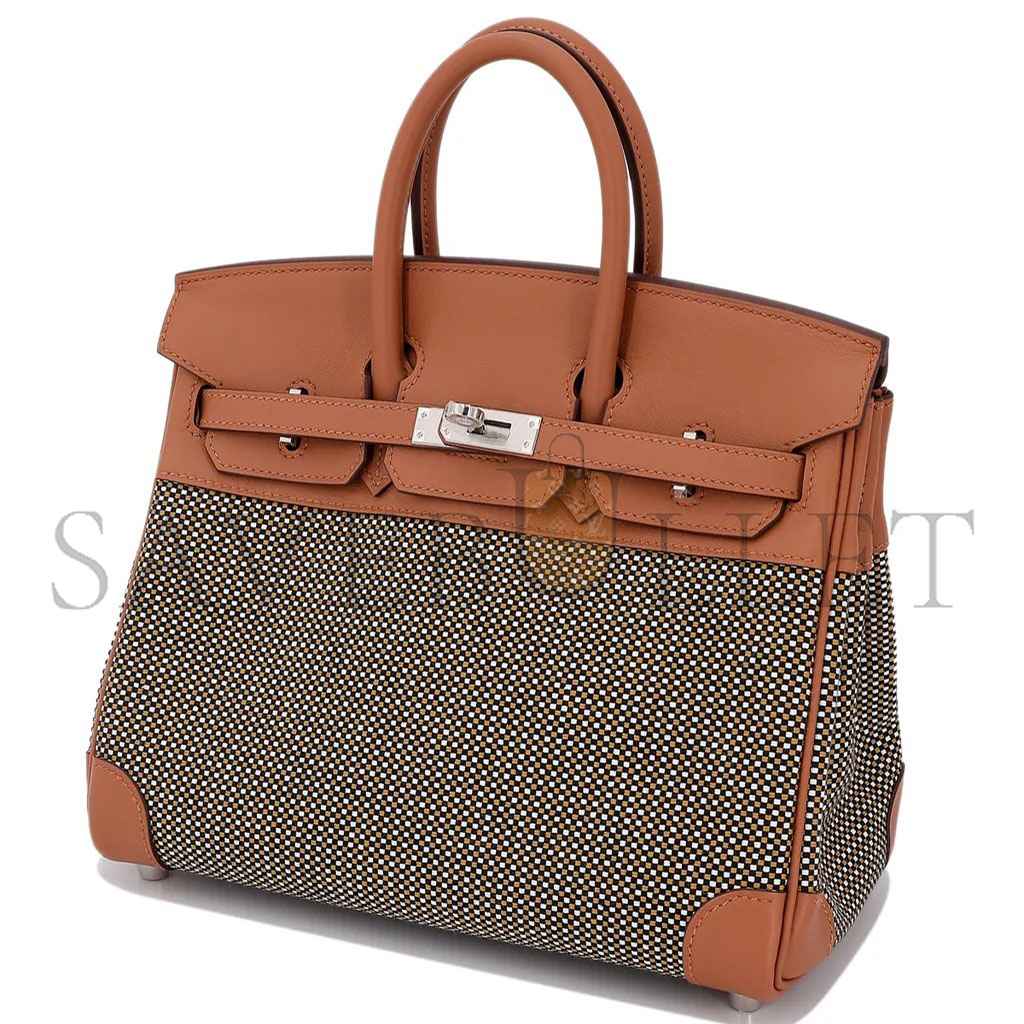 HERMES MASTER BIRKIN 25 QUADRILLE BROWN CANVAS LEATHER SILVER BUCKLE PLATINUM BAG 10093061 (25*20*13cm)