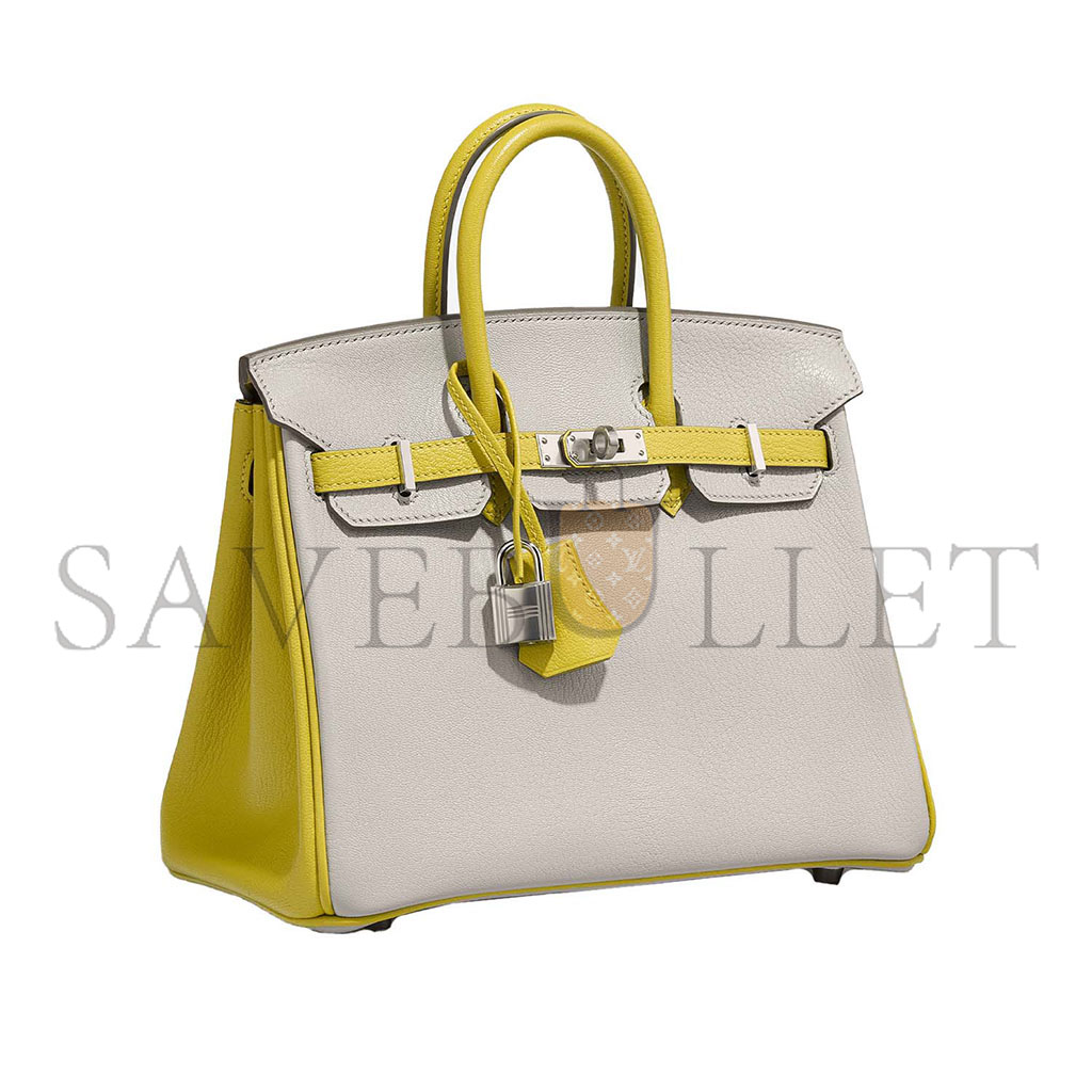 HERMÈS MASTER BIRKIN 25 SWIFT LEATHER PEARL GREY LEMON YELLOW SILVER BUCKLE BAG 3237 (25*20*13cm)