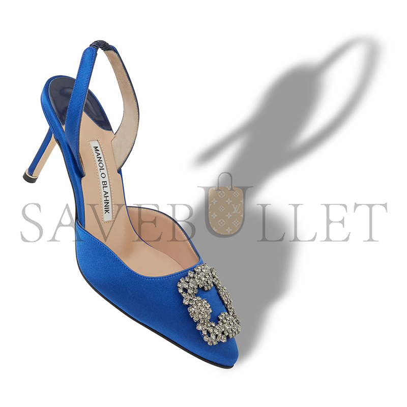MANOLO BLAHNIK HANGISLI BLUE SATIN JEWEL BUCKLE SLINGBACK PUMPS 419-0473-0010 MANOLO BLAHNIK HANGISLI BLUE SATIN JEWEL BUCKLE SLINGBACK PUMPS 419-0473-0010