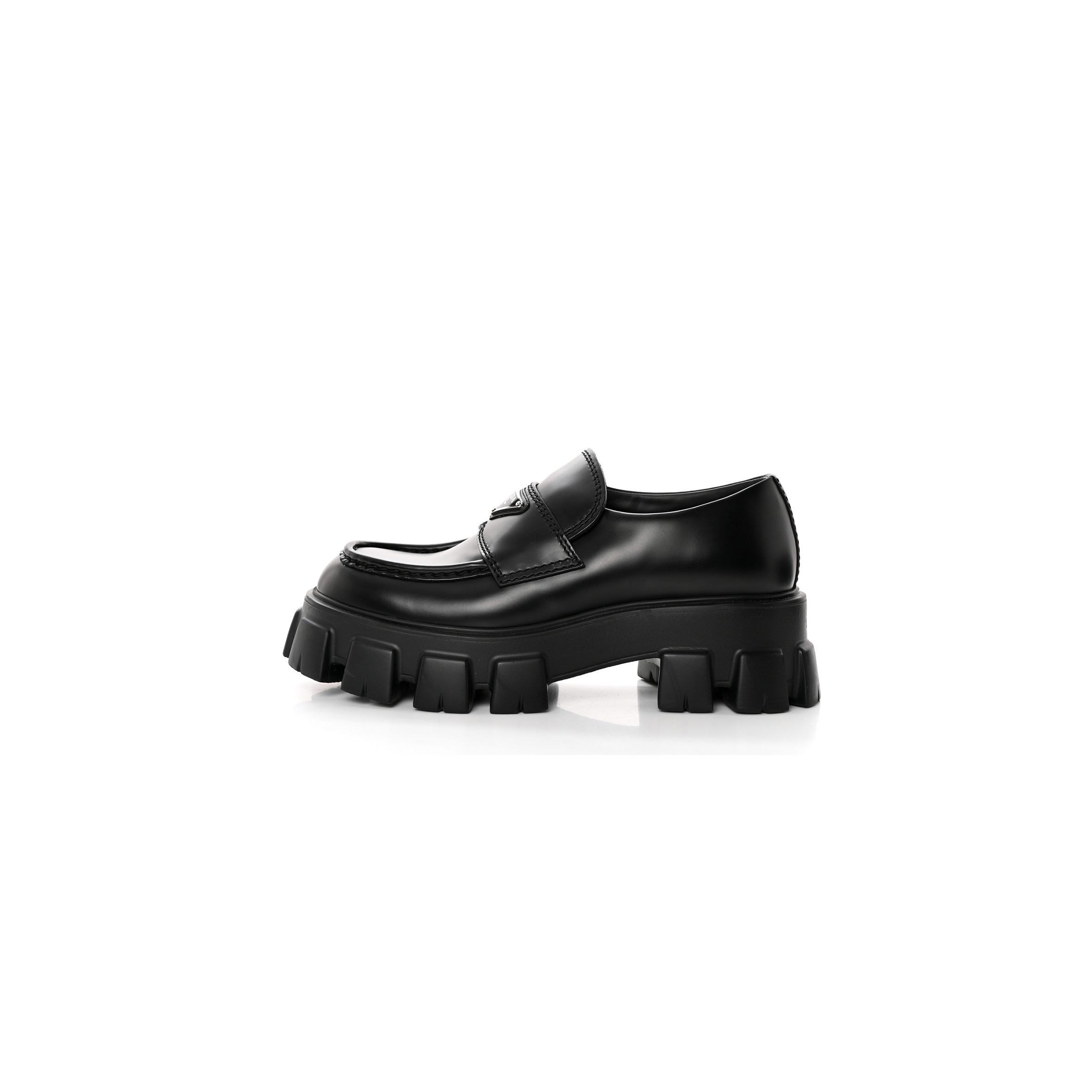PRADA SPAZZOLATO ROIS METAL TRIANGLE LOGO MENS MONOLITH 55MM LOAFERS 6 BLACK PRADA SPAZZOLATO ROIS METAL TRIANGLE LOGO MENS MONOLITH 55MM LOAFERS 6 BLACK