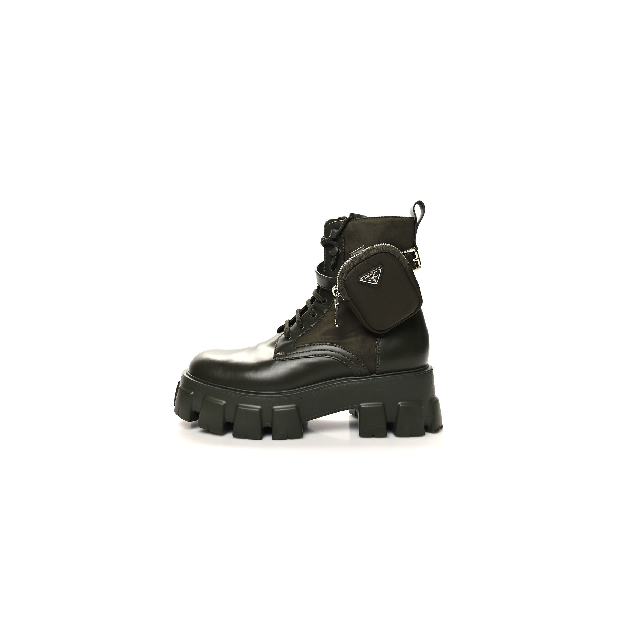 PRADA SPAZZOLATO ROIS RE-NYLON METAL TRIANGLE LOGO MONOLITH POUCH POCKET 55MM BOOTS 40.5 MILITARE PRADA SPAZZOLATO ROIS RE-NYLON METAL TRIANGLE LOGO MONOLITH POUCH POCKET 55MM BOOTS 40.5 MILITARE