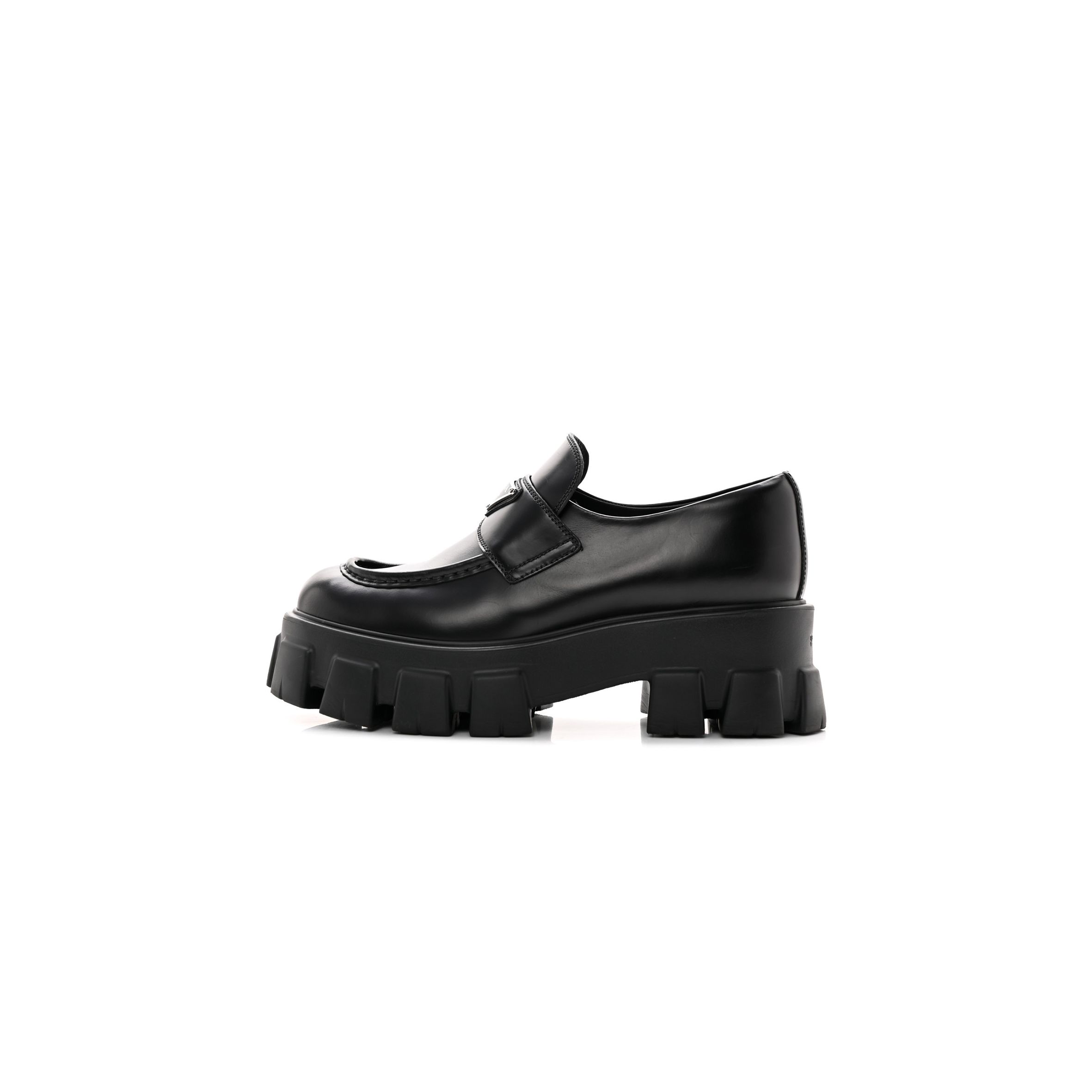 PRADA SPAZZOLATO ROIS METAL TRIANGLE LOGO MONOLITH 55MM LOAFERS 39 BLACK PRADA SPAZZOLATO ROIS METAL TRIANGLE LOGO MONOLITH 55MM LOAFERS 39 BLACK