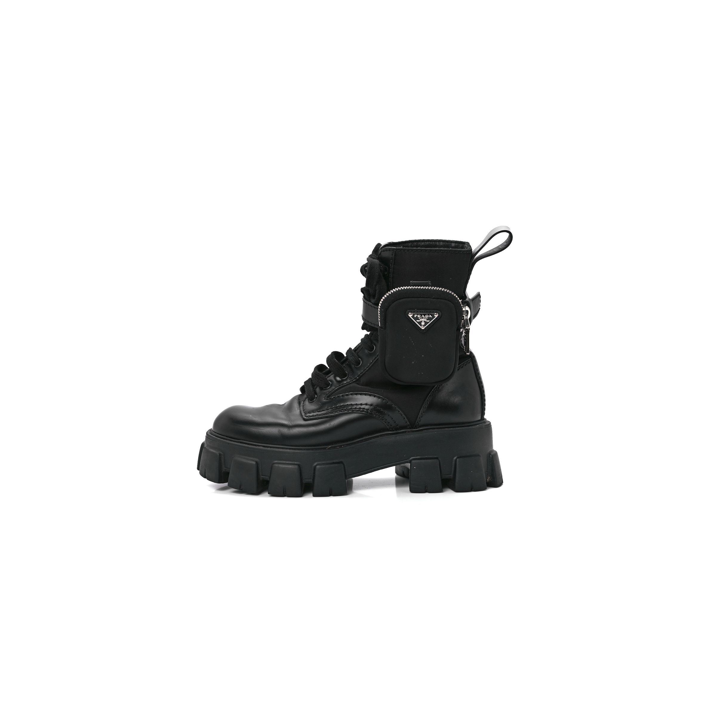 PRADA SPAZZOLATO ROIS RE-NYLON METAL TRIANGLE LOGO MONOLITH POUCH POCKET 55MM BOOTS 6 BLACK PRADA SPAZZOLATO ROIS RE-NYLON METAL TRIANGLE LOGO MONOLITH POUCH POCKET 55MM BOOTS 6 BLACK