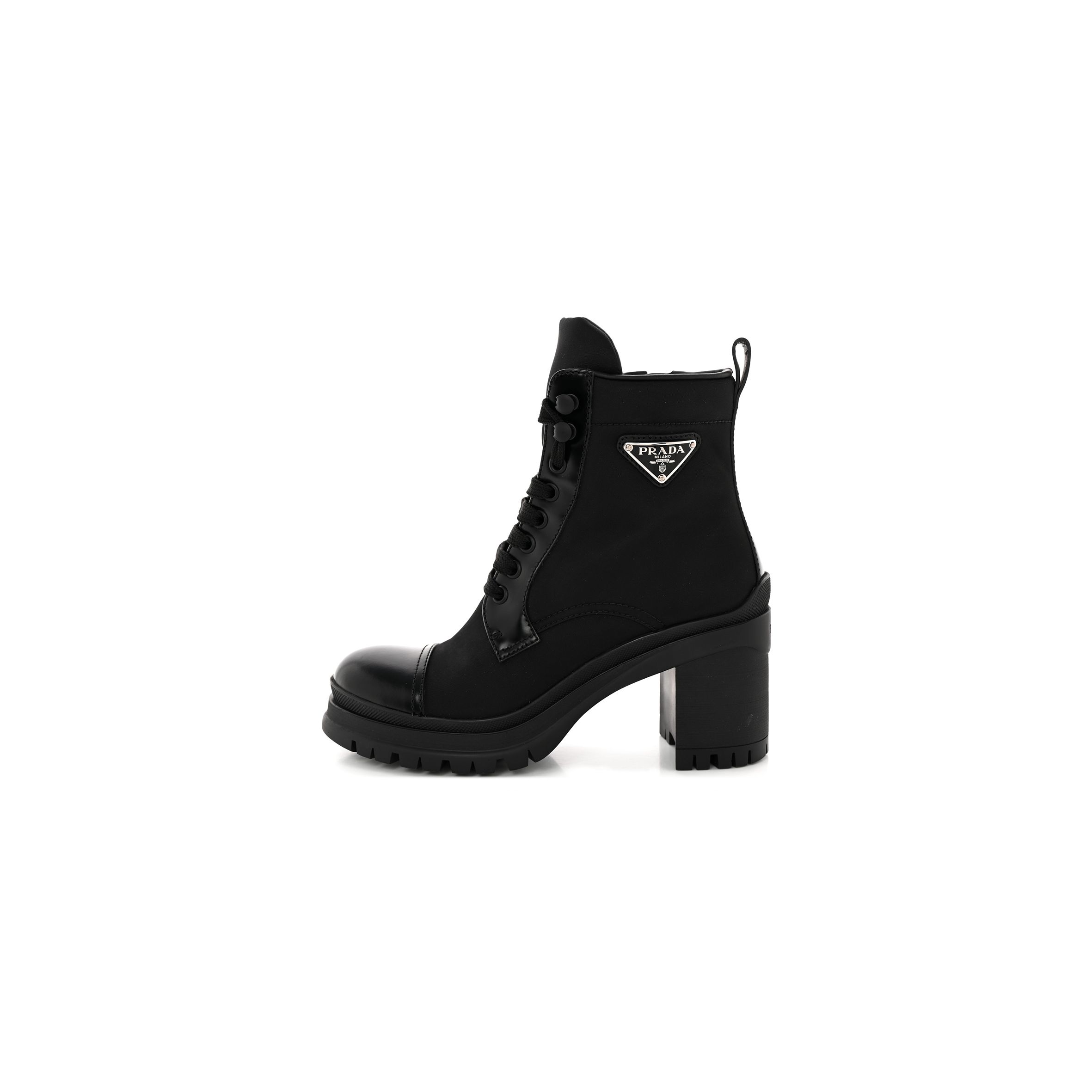 PRADA SPAZZOLATO RE-NYLON METAL TRIANGLE LOGO LACE UP 85MM BOOTS 35.5 BLACK PRADA SPAZZOLATO RE-NYLON METAL TRIANGLE LOGO LACE UP 85MM BOOTS 35.5 BLACK