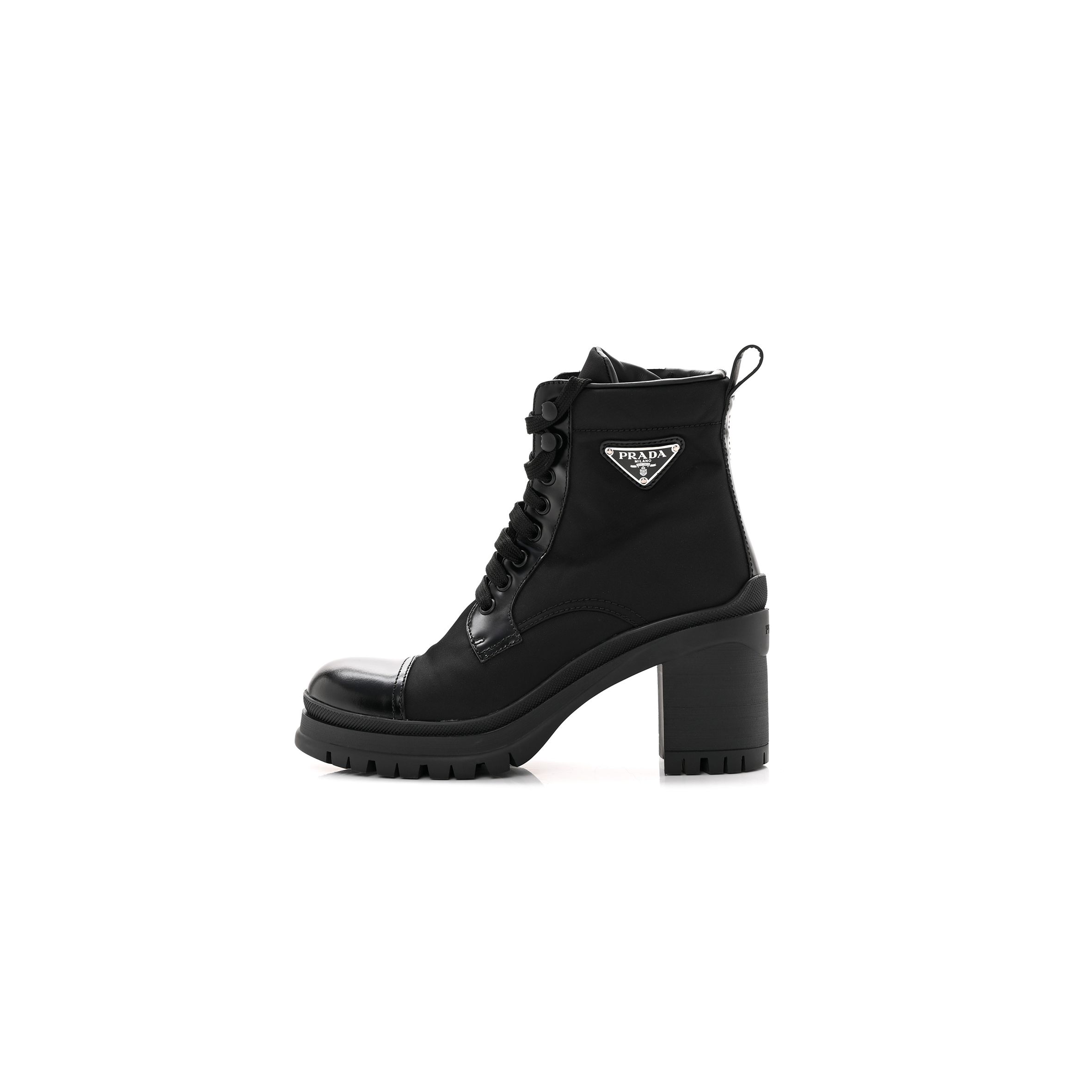 PRADA SPAZZOLATO RE-NYLON METAL TRIANGLE LOGO LACE UP 55MM ANKLE BOOTS 36.5 BLACK PRADA SPAZZOLATO RE-NYLON METAL TRIANGLE LOGO LACE UP 55MM ANKLE BOOTS 36.5 BLACK