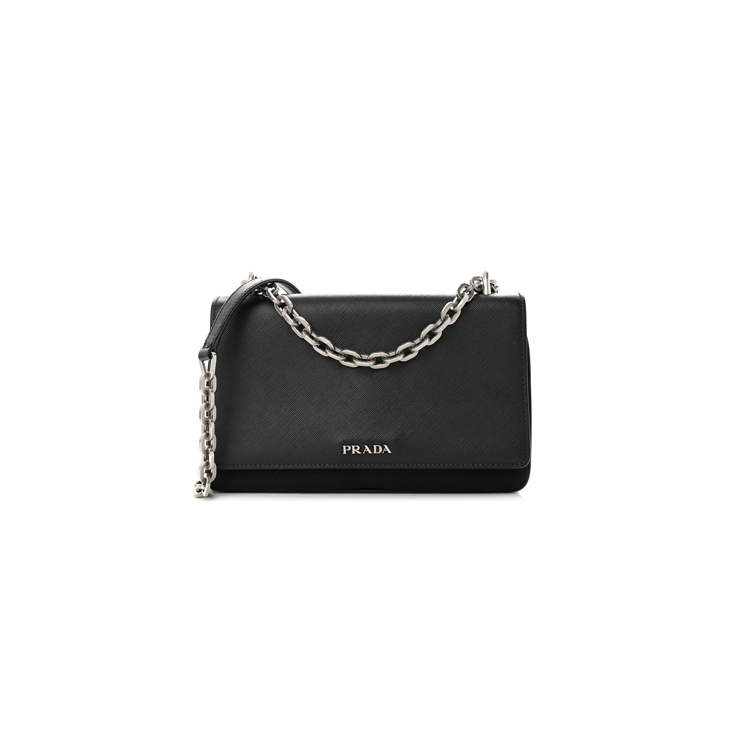 PRADA SAFFIANO TESSUTO NYLON CHAIN SHOULDER BAG BLACK (24*15*5cm)