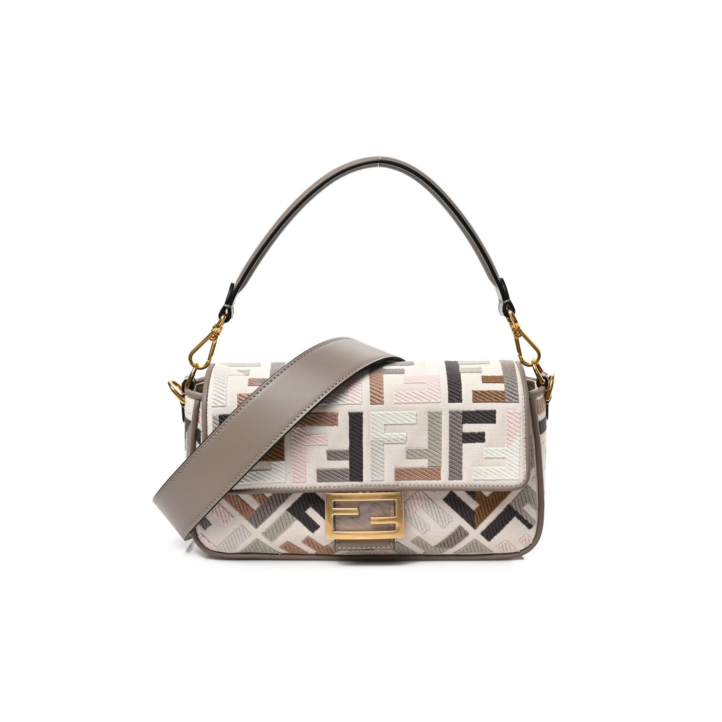 FENDI CANVAS VITELLO SETA FF MULTICOLOR EMBROIDERED BAGUETTE GREZZO MULTICOLOR TORTORA (28*16*6cm)